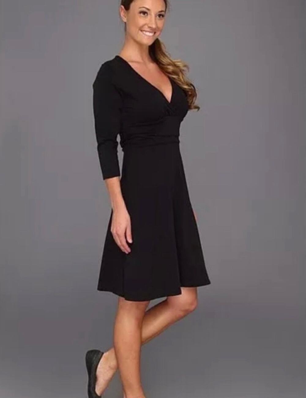 Patagonia Women's Sz L 3/4 Sleeve V-Neck Cotton Blend A-Line Black Margot Dress